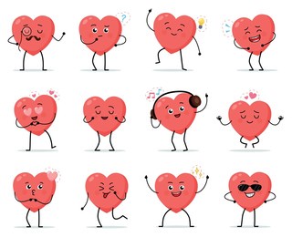 cartoon heart character. cute love symbols with faces different poses, hands and feet, february romantic holiday signs, funny positive emotions, internet emoji stickers emoticon vector set