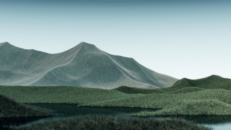 surreal mountains landscape with pale green peaks and teal sky. minimal modern abstract background. shaggy surface with a slight noise. 3d rendering