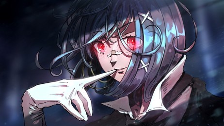 charming and frightening girl drawn in anime style, smiling pulling off a white glove with her teeth, she has big red glowing eyes, turquoise disheveled curly hair and freckles on her face. 2d art