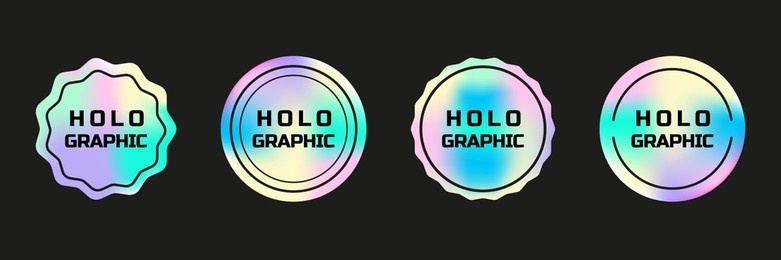 set of round holographic stickers. hologram labels of different circles. vector stickers for design mockups. holographic textured stickers for preview tags, labels
