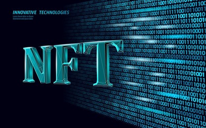 3d nft non fungible unique cryptocurrency. blockchain art crypto security code.data stored digital photo object certificate ownership.technology vector illustration