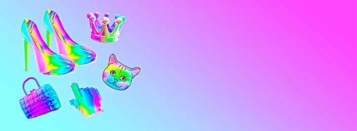 minimalistic stylized collage banner. 3d  holography shopping stylish objects
