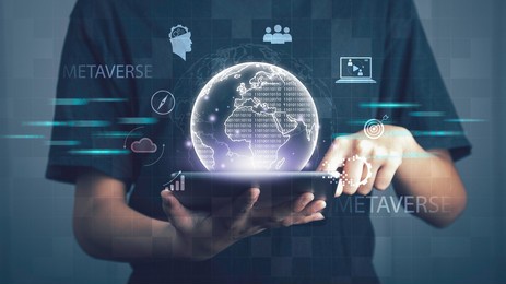 metaverse technology, global business, digital marketing, digital link tech, iot internet of things, big data concept. hand holding virtual world on tablet connect global network and data exchange.