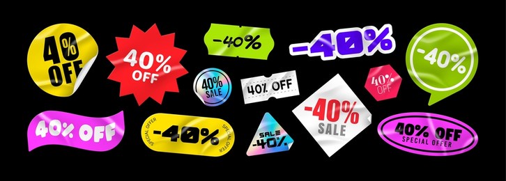 sticker pack. price stickers. sale -40% off. peeled paper stickers. price tag. isolated on black background