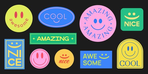 set of smile stickers vector design. cool trendy patches background. hipster badges.