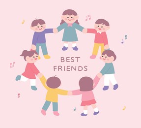 cute children holding each other's hands and standing in a circle. flat design style vector illustration.