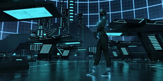 photorealistic 3d illustration of a girl in a futuristic cyber suit against futuristic cityscape. huge futuristic buildings with glowing neon lights. cyberpunk future scene. cyberspace concept.