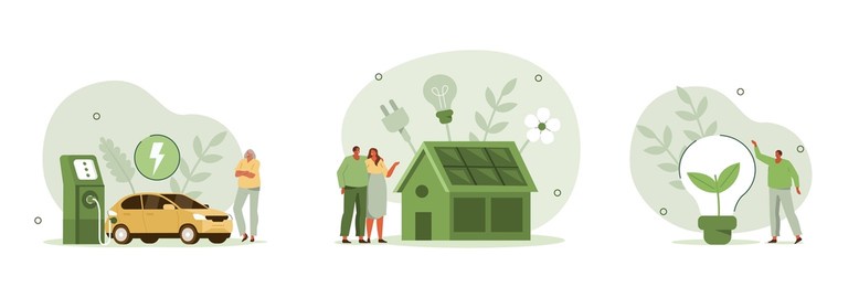 green energy illustration set. modern eco private house with solar energy panels and smart home technology. electric car near charging station. renewable energy concept. vector illustration.