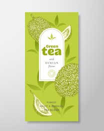 fruit and berries tea label template. abstract vector packaging design layout with realistic shadows. hand drawn durian fruit and tea leaves decor silhouettes background. isolated