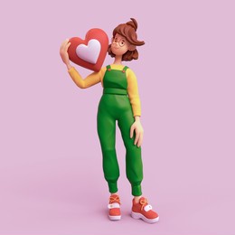 cute casual kawaii funny smiling brunette girl in glasses wearing green apron, yellow t-shirt stands holding a red heart shape with her hand. i love you. minimal art style. 3d render on pink backdrop.