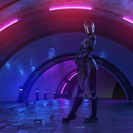 photorealistic 3d illustration of the futuristic city in the style of cyberpunk. female cyborg on a street with blue and purple neon lights. beautiful night cityscape.