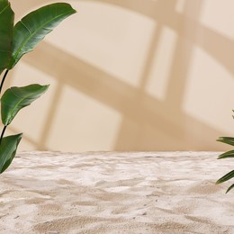 window light and shadow on the wall, beach sand and tropical leaves decoration minimal 3d rendering product display mockup