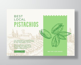 fresh local pistachios food label template. abstract vector packaging design layout. modern typography banner with hand drawn nuts and rural landscape background isolated