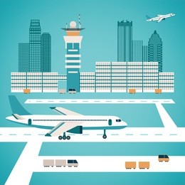 vector airport concept with aircraft luggage transporter buildings and runway