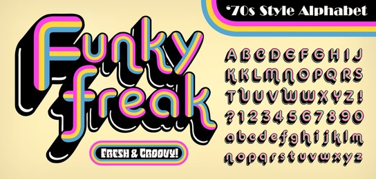 a rainbow striped 1970s style funky retro alphabet. this rounded font has a long black shadow with white highlights. great seventies vibe, stylish and groovy.