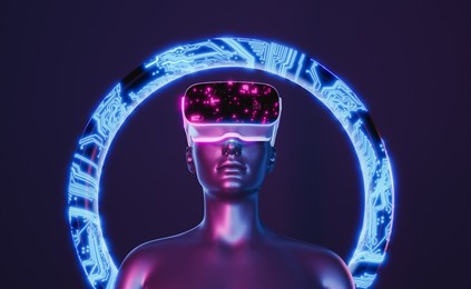 3d girl with virtual reality glasses and an electronic hoop behind. neon lights. futuristic concept of virtual reality, video games, technology, metaverse and crypto. 3d rendering