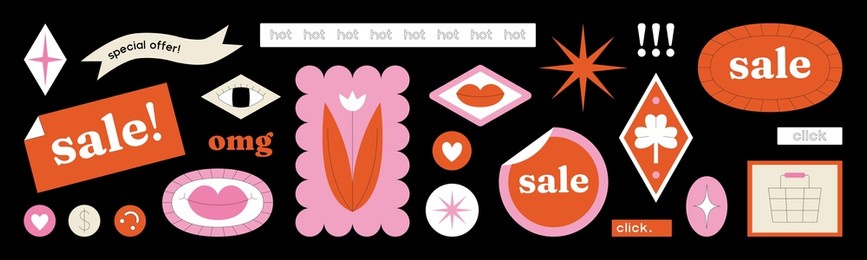 cute set of stickers. sale. online beauty shopping. vector illustration. promo label stickers can be used in web or typographic design (banners, apps, package, posters, flyers).