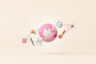 education or business connected world technology pink pastel. globalization globe internet rocket spaceship science time clock ideas imagination pencil maths bulb saturn ring orbit. 3d illustration.