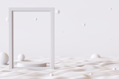 beach or desert product stand podium cosmetic skincare fashion advertisement counter brand circle concept surface sand display backdrop float outer space theme frame white minimal. 3d illustration