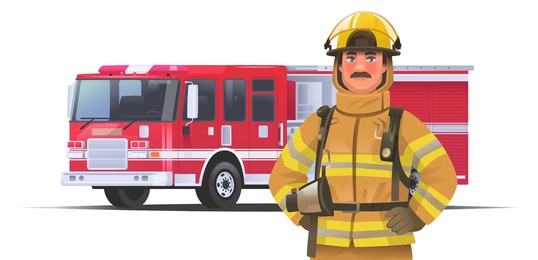 portrait of a firefighter in protective uniform and helmet. fireman on the background of a fire truck on an isolated background. vector illustration in cartoon style