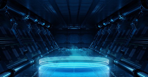 blue spaceship interior with glowing, neon lights podium reflecting on the floor. futuristic corridor in space station with circles background. 3d rendering