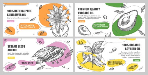 premium quality oil, web page vector illustration. flat hand drawn organic seed ingredient for production. landing banner collection with sunflower, avocado product, sesame and soybean