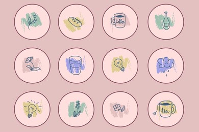 hand drawn drink more water theme stickers collection. perfect for story highlight, posters and print. doodle vector illustration for decor and design.