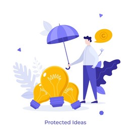 person covering pile of lightbulbs with umbrella. concept of legal protection of creative ideas, copyright law protecting inventions. modern flat colorful vector illustration for banner, poster.