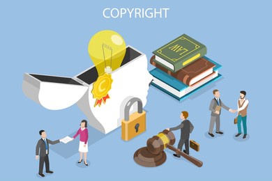 3d isometric flat  conceptual illustration of copyright and intellectual property, protecting rights for authorship