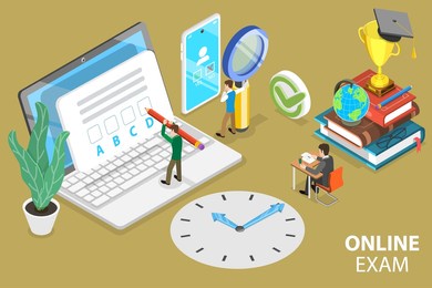 3d isometric flat  conceptual illustration of online exam, distant learning, internet survey