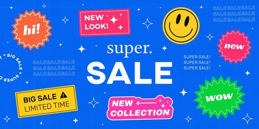 cool trendy sale banner with stickers vector design. abstract promotion illustration. shopping badges.