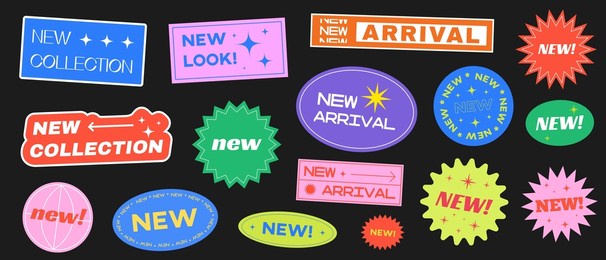 trendy promotion stickers set. cool new arrival, lool, collection badges vector design.