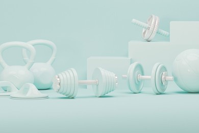 sport equipment background for healthy lifestyle packaging presentation. set of sport items on pastel blue and white background. trendy 3d render for fitness, female concept, lifting in the gym.