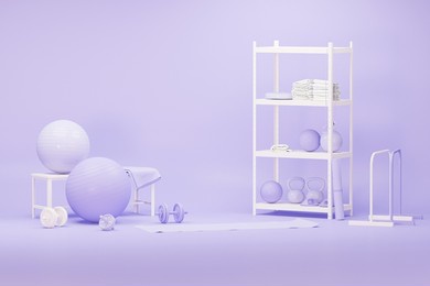 sport equipment background for healthy lifestyle packaging presentation. set of sport items on pastel purple and white background. trendy 3d render for fitness, female concept, lifting in the gym.