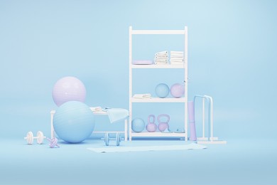 sport equipment background for healthy lifestyle packaging presentation. set of sport items on pastel blue and pink background. trendy 3d render for fitness, female concept, lifting in the gym.