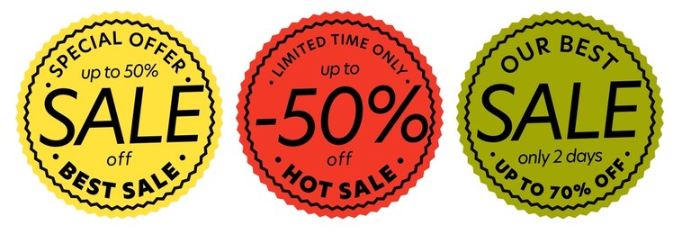 special offer sale sticker, round stamp with great discount. set of best hot 50 or 70 percent price off promotion sticky badge vector illustration isolated on white background