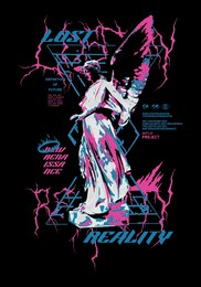 lost reality text with angel statue for t-shirt graphics, banner, fashion prints, slogan tees, stickers, flyer, posters and other creative use
