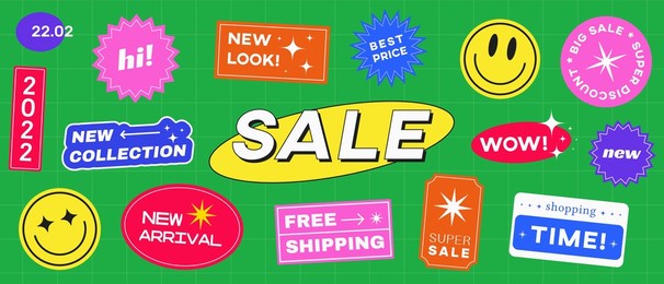 cool trendy sale stickers banner vector illustration. new look, hi, super sale, 2022 badges.