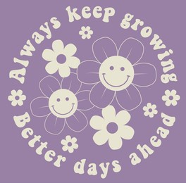 retro groovy smile daisy flowers print with inspirational slogan for graphic tee t shirt or sticker poster - vector