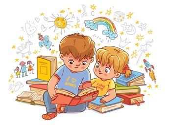 children learn from books. boy and girl reading fairy tales together. colorful cartoon characters. funny vector illustration. isolated on white background