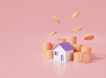 coins stack and home on pink pastel background. business loans for real estate concept. residential finance economy. home property investment. saving money, working capital. 3d rendering illustration 