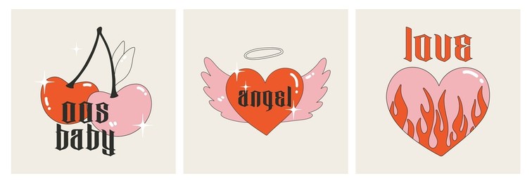 heart with flame and wings, cherry, 00s baby, love, angel. set of postcards with inscriptions in the gothic style. modern vector illustration y2k.nostalgia for the 2000 years. perfect print for tshirt