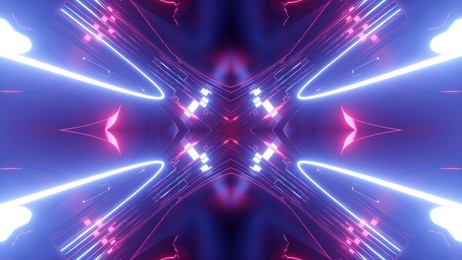 3d render. sci-fi tunnel with neon lights. abstract high-tech tunnel as background in the style of cyberpunk or high-tech future. symmetrical structure of purple light streaks.