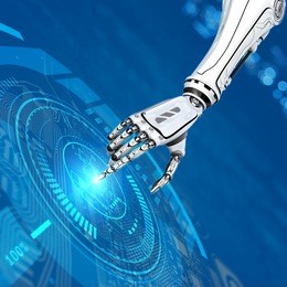 abstract futuristic background sci-fi robot hand working circuit board on virtual interface