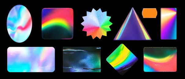 textured sticker backgrounds. iridescent foil adhesive film, holographic stickers mockup and realistic holo material gradient texture vector set