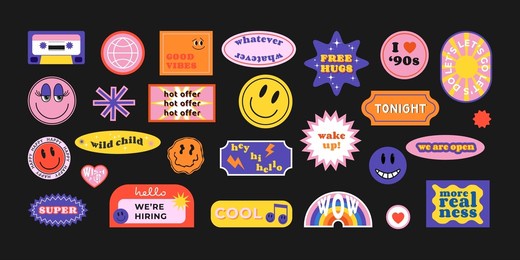 cool trendy retro stickers with smile faces, cartoon comic label patches. funky, hipster retrowave stickers in geometric shapes. vector illustration of y2k , 90s graphic design badges.