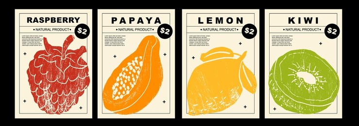 strawberry, papaya, lemon, kiwi. set of posters of fruits and berries in a abstract draw design. label or poster, price tag. simple, flat design. patterns and backgrounds. for poster, cover, banner.