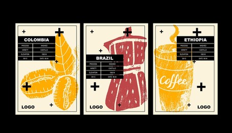 packaging design for coffee. drawing art for packaging label. beans, leaf brunch, cup cappuccino and coffee maker. set of posters in a minimalist design. flat vector illustration