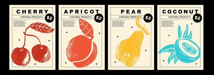 cherry, apricot, pear, coconut. set of posters of fruits and berries in a abstract draw design. label or poster, price tag. simple, flat design. patterns and backgrounds. for poster, cover, banner.
