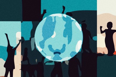 children playing silhouettes and earth abstract illustrations with grainy textures for earth day,earth hour concepts.